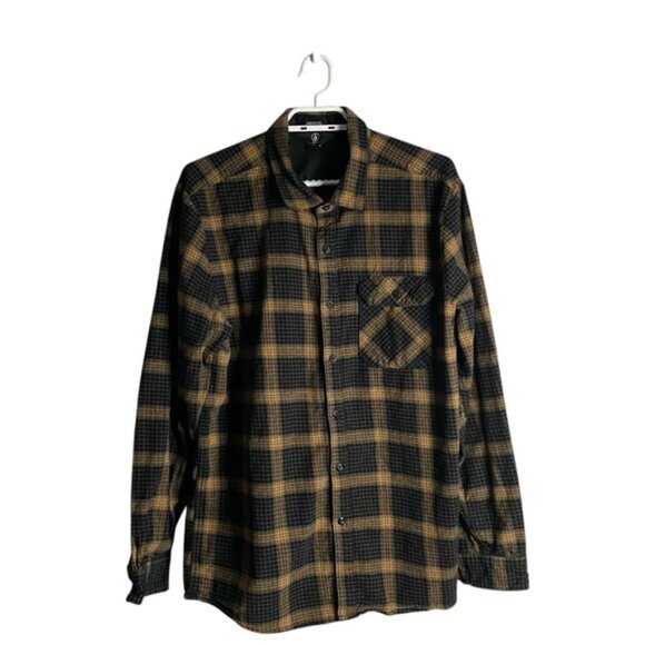 Volcom Men's Black/Yellow Plaid Casual Classic Fit Button-Down Shirt - Picture 1 of 8